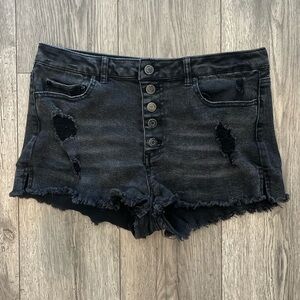 Indigo Rein Womens Juniors High Waisted Denim Jean Shorts Distressed Black 13/30